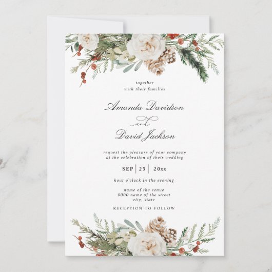 Rustic Greenery White Floral Red Berries Wedding Kaart (Voorkant)