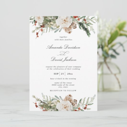Rustic Greenery White Floral Red Berries Wedding Kaart (Staand voorkant)