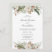 Rustic Greenery White Floral Red Berries Wedding Kaart (Voorkant / Achterkant)