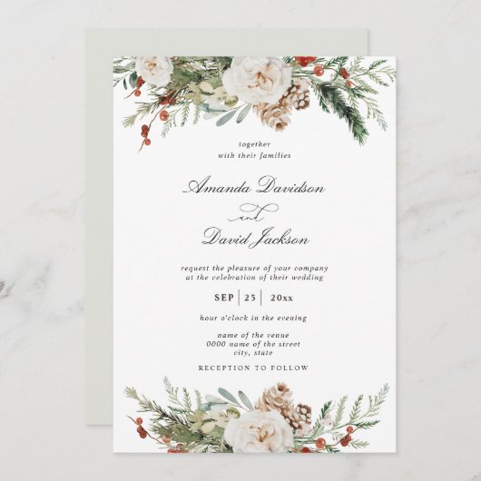 Rustic Greenery White Floral Red Berries Wedding Kaart (Voorkant / Achterkant)