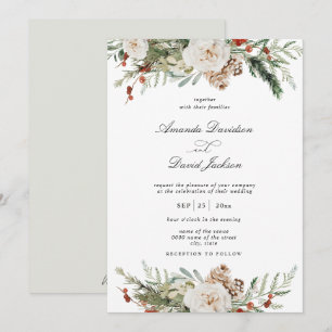 Rustic Greenery White Floral Red Berries Wedding Kaart