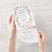 Rustic Greenery White Pumpkin Fall Wedding All In One Uitnodiging (Afscheurbaar)
