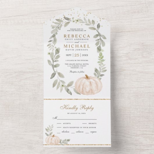 Rustic Greenery White Pumpkin Fall Wedding All In One Uitnodiging (Binnen)