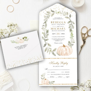 Rustic Greenery White Pumpkin Fall Wedding All In One Uitnodiging