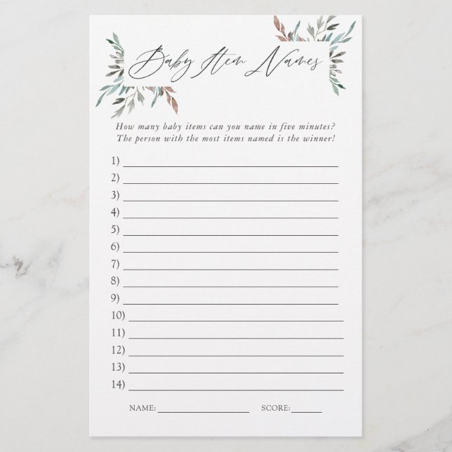 Rustic Greenery Winter Baby shower Item Names Game (Voorkant)