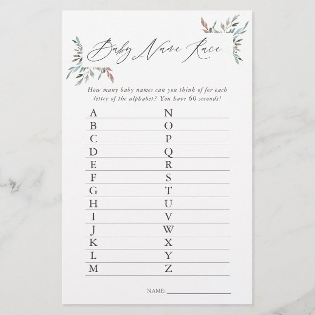 Rustic Greenery Winter Baby shower Name Race Game (Voorkant)