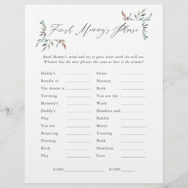 Rustic Greenery Winter Baby shower Phrases Game (Voorkant)