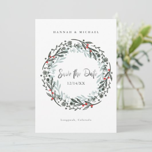 Rustic greenery winter bruiloft Save the Date Kaar Kaart (Staand voorkant)