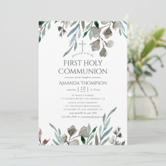 Rustic Greenery Winter Eerste Heilige Communie Kaart (Staand voorkant)