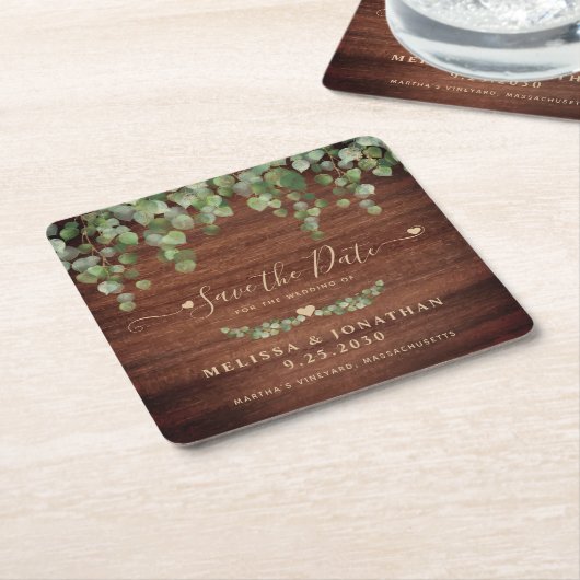 Rustic Greenery Wood Wedding Save the Date Kartonnen Onderzetters (Schuin)
