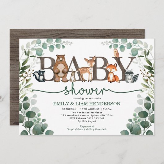 Rustic Greenery Woodland Animals Baby shower Kaart (Voorkant / Achterkant)