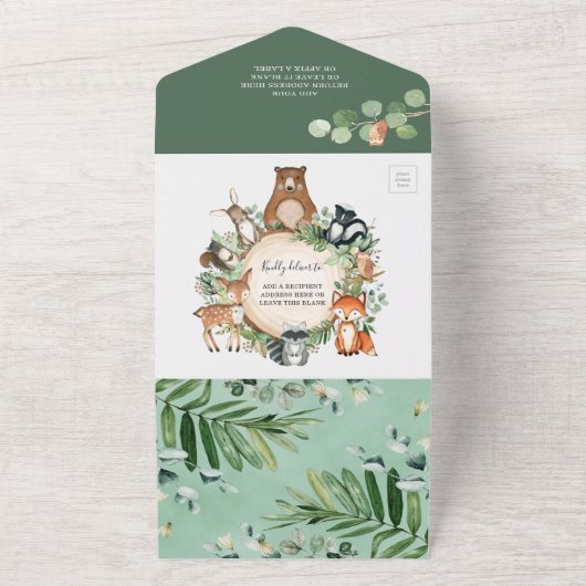 Rustic Greenery Woodland Animals Boy Baby shower All In One Uitnodiging (Buitenkant)