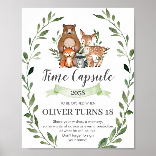 Rustic Greenery Woodland Animals Time Capsule Sign Poster (Voorkant)
