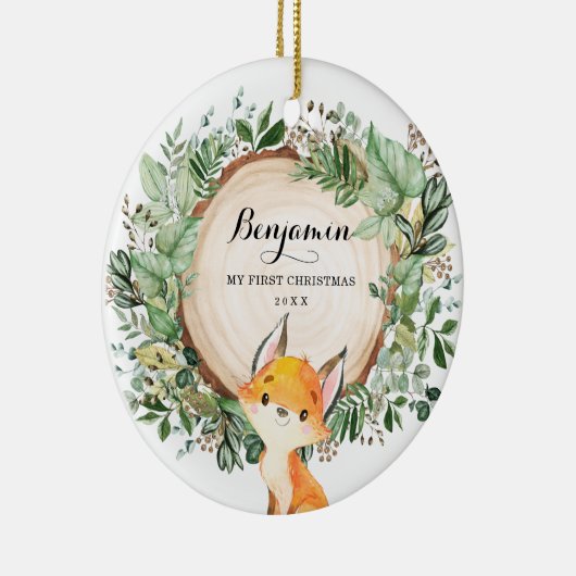 Rustic Greenery Woodland Fox Baby Eerste Kerstmis Keramisch Ornament (Rechts)