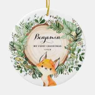 Rustic Greenery Woodland Fox Baby Eerste Kerstmis Keramisch Ornament