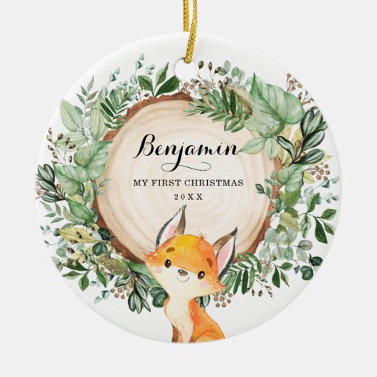 Rustic Greenery Woodland Fox Baby Eerste Kerstmis Keramisch Ornament (Voorkant)