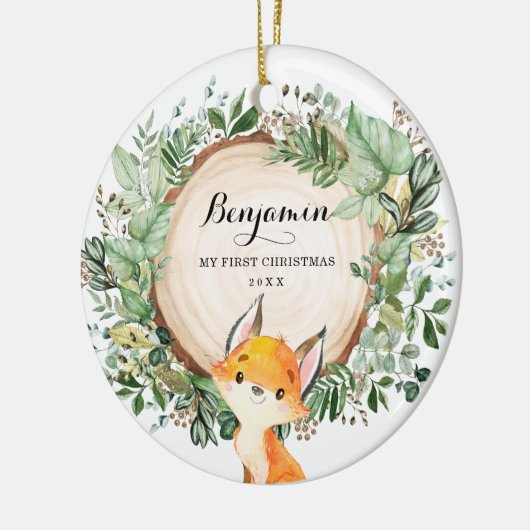 Rustic Greenery Woodland Fox Baby Eerste Kerstmis Keramisch Ornament (Links)