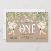 Rustic, Greenery, Woodland Fox, Boy 1st Birthday Kaart (Voorkant)
