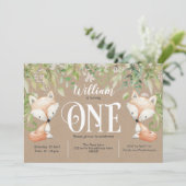 Rustic, Greenery, Woodland Fox, Boy 1st Birthday Kaart (Staand voorkant)