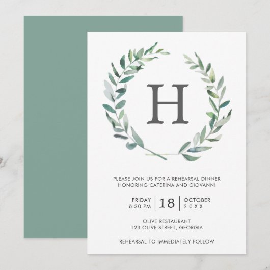 Rustic Greenery Wreater Monogram Rehearsal Dinner Kaart (Voorkant / Achterkant)