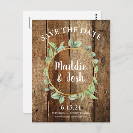Rustic Greenery Wreath & Gold Save the Date Briefkaart (Voorkant / Achterkant)