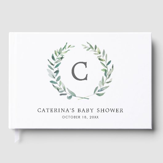 Rustic Greenery Wreath Monogram Baby shower Gastenboek (Voorkant)