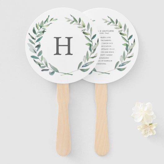 Rustic Greenery Wreath Monogram Wedding Programme Handwaaier (Voorkant en achterkant)
