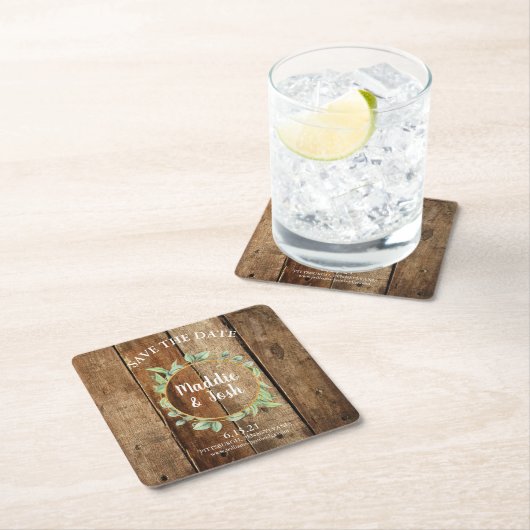 Rustic Greenery Wreath op Barn Wood Save the Date Kartonnen Onderzetters (Insitu)