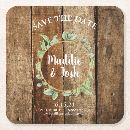 Rustic Greenery Wreath op Barn Wood Save the Date Kartonnen Onderzetters (Voorkant)