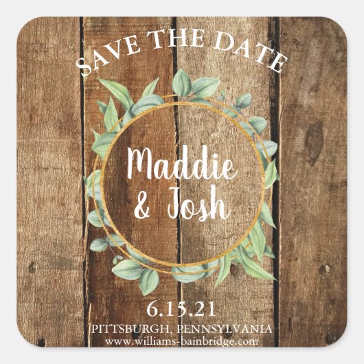 Rustic Greenery Wreath op Barn Wood Save the Date Vierkante Sticker (Voorkant)