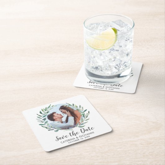 Rustic Greenery Wreath Photo Wedding Save the Date Kartonnen Onderzetters (Insitu)