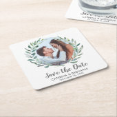 Rustic Greenery Wreath Photo Wedding Save the Date Kartonnen Onderzetters (Schuin)