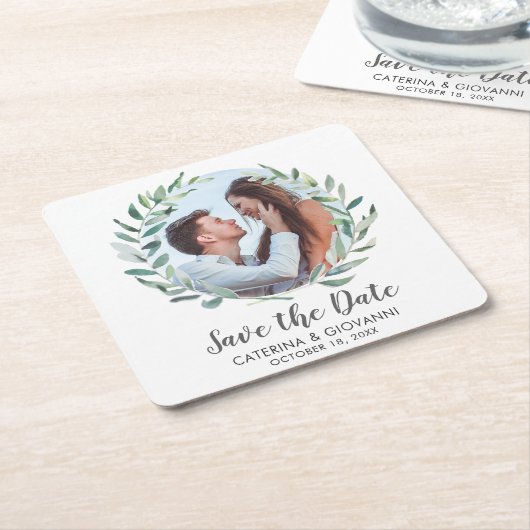 Rustic Greenery Wreath Photo Wedding Save the Date Kartonnen Onderzetters (Schuin)