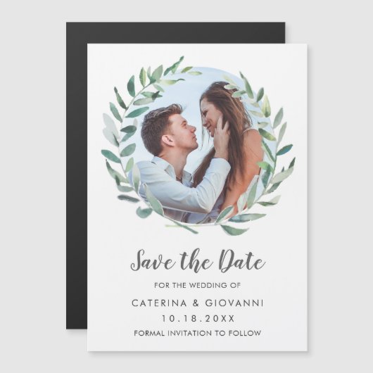 Rustic Greenery Wreath Photo Wedding Save the Date Magnetische Uitnodiging (Voorkant / Achterkant)