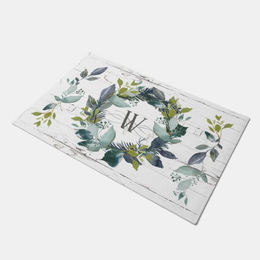 Rustic Greenery Wreath Waterverf Monogram Initiaal Deurmat (Schuin)