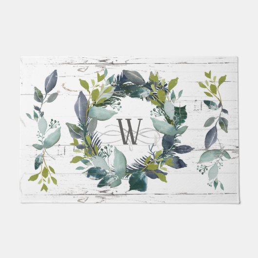 Rustic Greenery Wreath Waterverf Monogram Initiaal Deurmat (Voorkant)