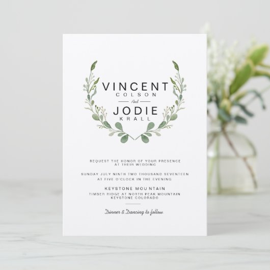 Rustic Greenery Wreath Waterverf Wedding Invite Kaart (Staand voorkant)