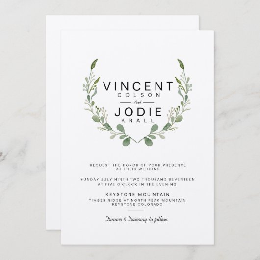 Rustic Greenery Wreath Waterverf Wedding Invite Kaart (Voorkant / Achterkant)