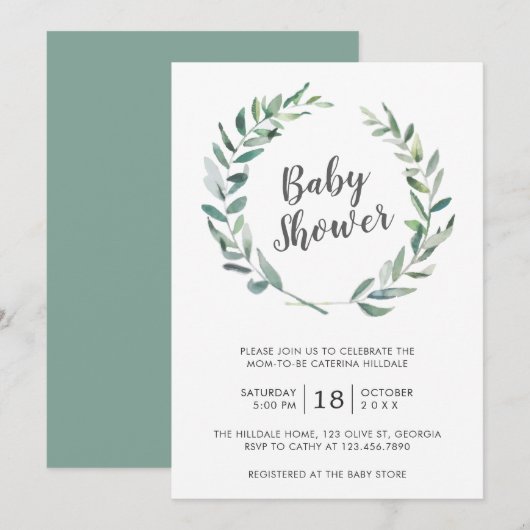 Rustic Greenery Wreator Gender Neutral Baby shower Kaart (Voorkant / Achterkant)