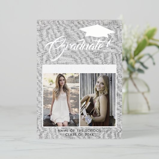 Rustic Grey Afstuderen 2 Foto Afstuderen Silver Folie Uitnodiging (Staand Voorkant)