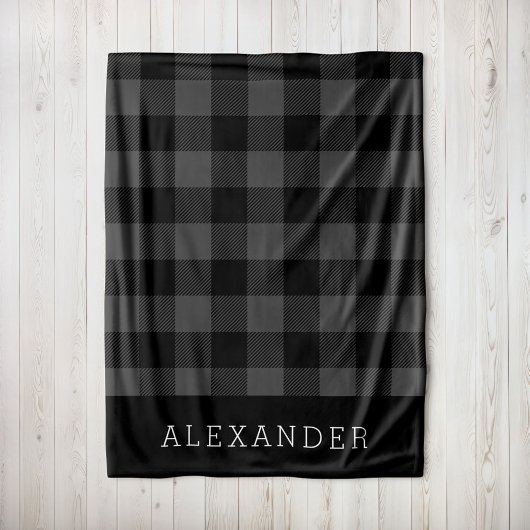 Rustic Grey and Black Buffalo Check Monogram Fleece Deken