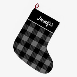 Rustic Grey and Black Buffalo Check Monogram Grote Kerstsok