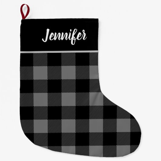 Rustic Grey and Black Buffalo Check Monogram Grote Kerstsok (Voorkant)
