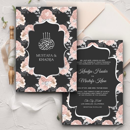 Rustic Grey and Blush Pink Roses Muslim Wedding Kaart