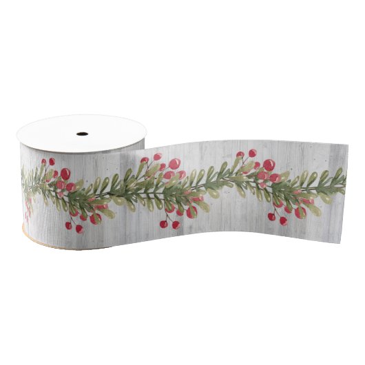 Rustic Grey Barnboard Holly and Red Berries 3 inch Grosgrain Lint (Spoel)