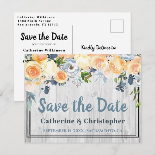 Rustic Grey Barnwood Floral Save the Date Briefkaart (Voorkant / Achterkant)