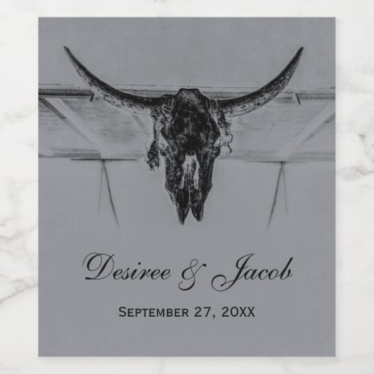 Rustic Grey Black Westerne Koe Skull Wedding Wijn Etiket (Enkel label)