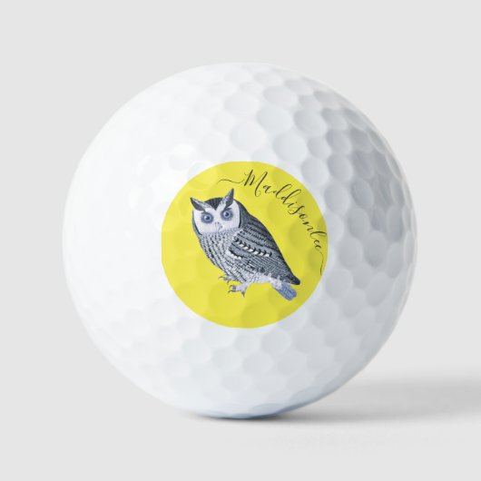 Rustic Grey Blue Owl Yellow Monogram Name Golfballen (Voorkant)