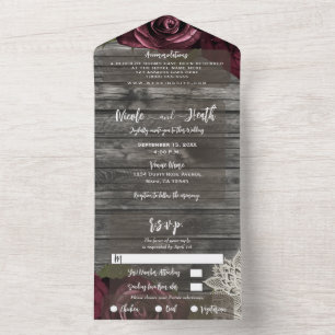 Rustic Grey Bourgondië Rozen Witte Kant Trouw All  In One Uitnodiging