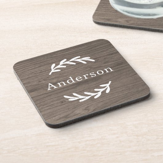 Rustic Grey Brown Wood Laurel Achternaam Monogram Bier Onderzetter (Linkerzijde)
